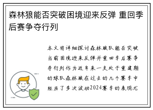 森林狼能否突破困境迎来反弹 重回季后赛争夺行列