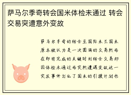 萨马尔季奇转会国米体检未通过 转会交易突遭意外变故